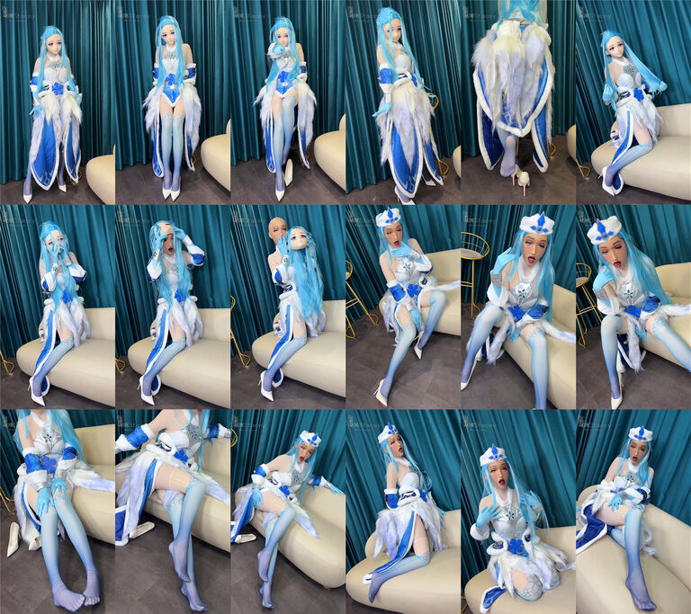 【完整版8分38秒】双面王昭君Cosplay:纯洁的冰雪天使kigurumi娃娃头壳下竟然是戴着真人面具的流口水性感女王